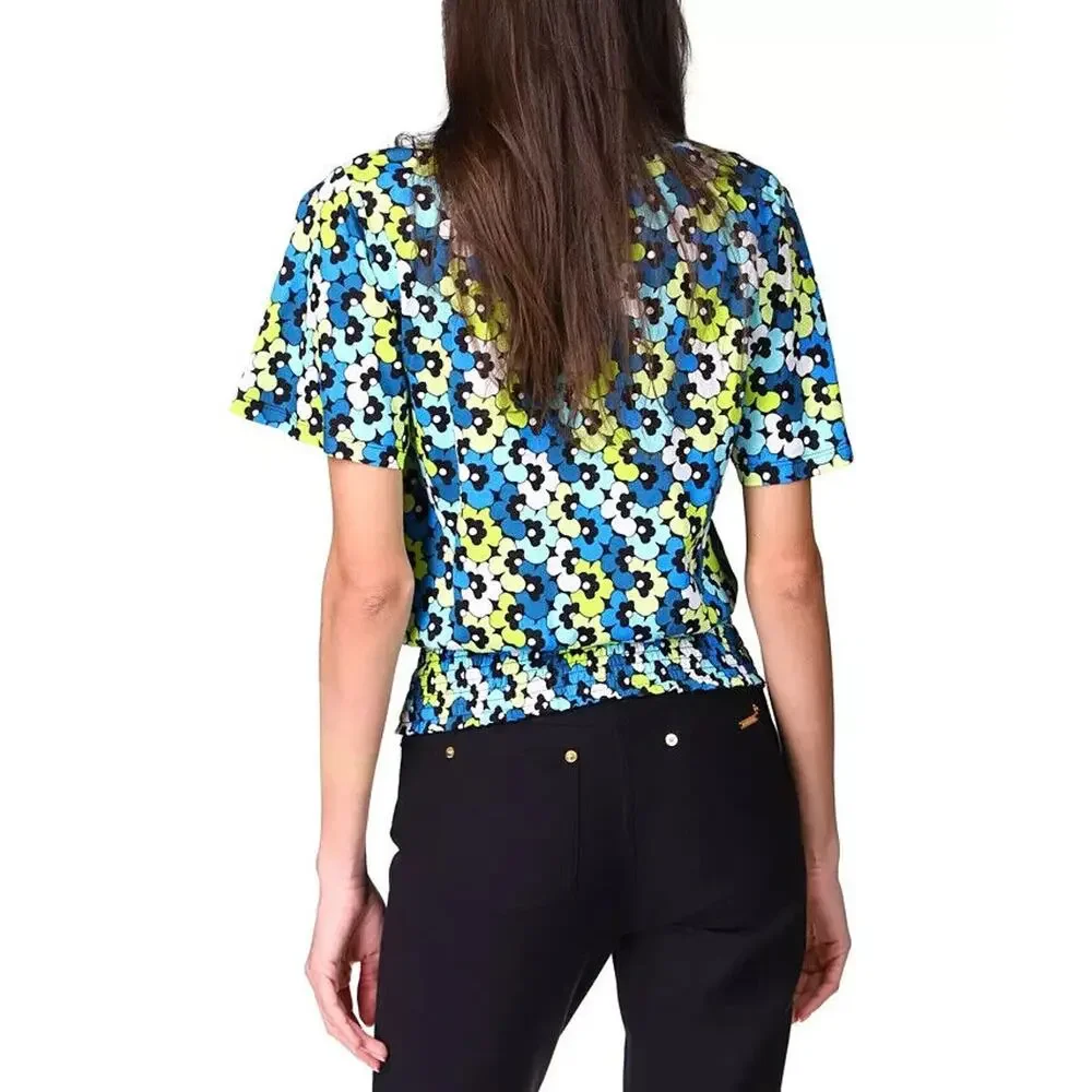 Michael Kors Blouse Womens XS Multi Floral Round Neck Smocked Hem Short Sleeve